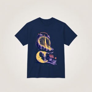 Reloj derretido sobre luna dormida — Camiseta azul marino