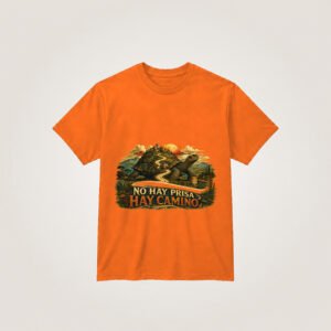 Tortuga viajera, camino y atardecer — Camiseta naranja