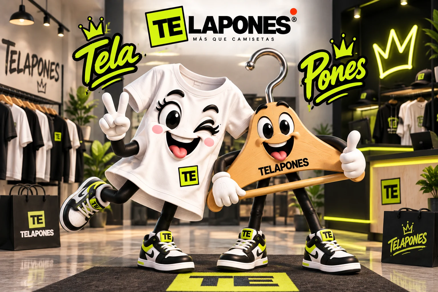 Camiseta TELAPONES y percha, personajes de la marca en una tienda de camisetas